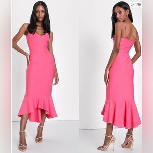Lulu's Vibrant Pink Midi Dress with Ruffled Hem